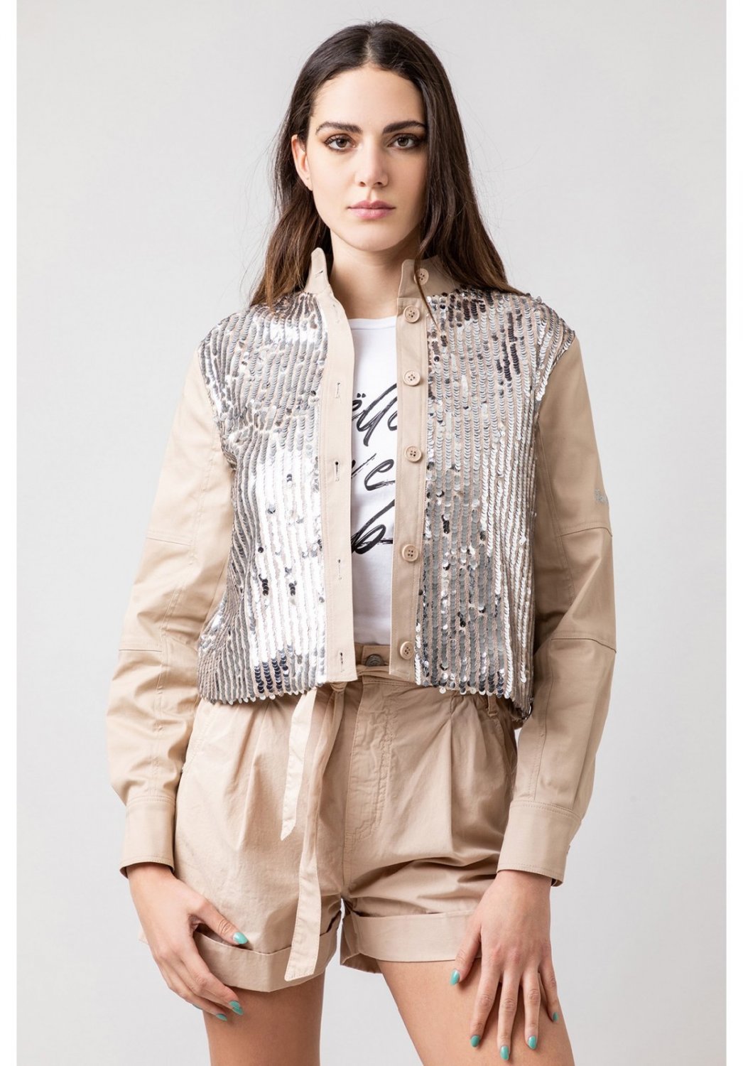 GIUBBINO BEIGE PAILLETTES ARGENTO DONNA GAELLE PARIS GBDM12095 - Choose  Fashion Store