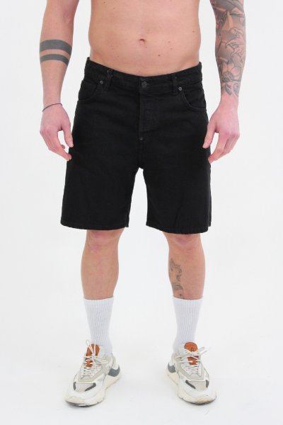 BLACK DENIM SHORTS WITH PRINTED LOGO AND FLAMES PATCH UOMO VISION OF SUPER VS01160