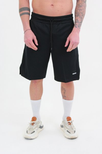 BLACK DENIM SHORTS WITH PRINTED LOGO AND FLAMES PATCH UOMO VISION OF SUPER VS01160