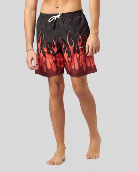 BLACK SWIMWEAR WITH ALL OVER FLAMES PRINT AND WHITE LOGO UOMO VISION OF SUPER VS01097
